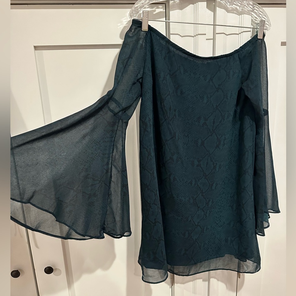 Green snake print off the shoulder dress